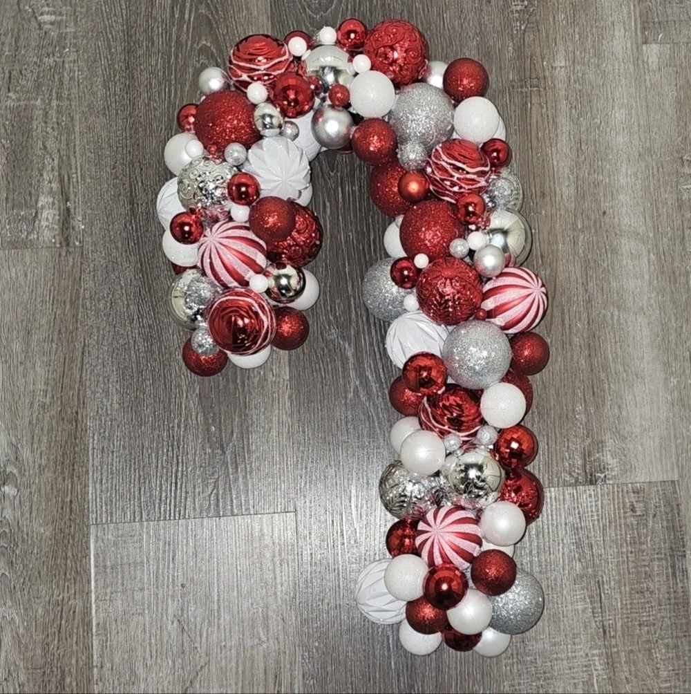 Handmade Christmas Ornament Candy Cane Wreath. Red and white holiday decor